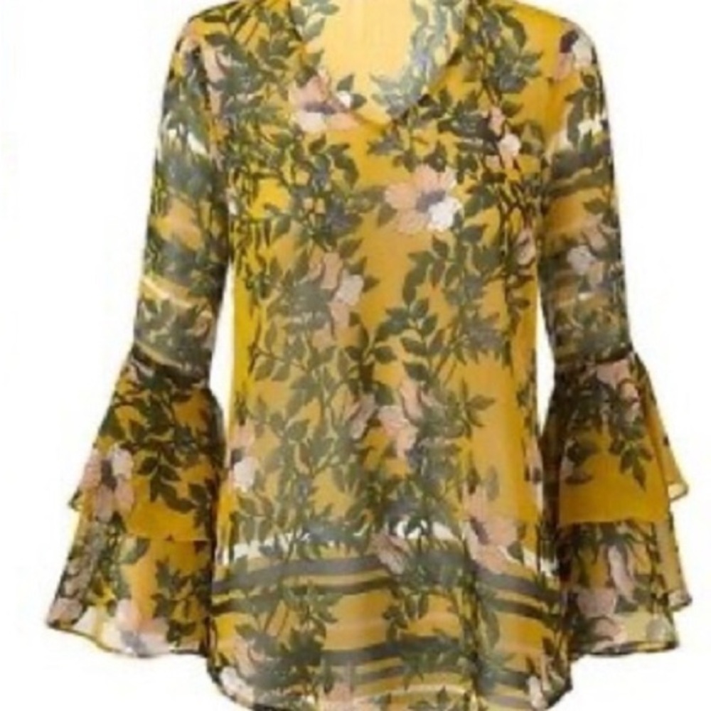 Cabi Scene Blouse 5518 Yellow Green Allover Floral Print Quarter Sleeves Size XL